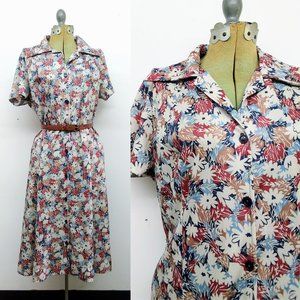 Vintage 60s/70s Volup Shirt Dress Retro Floral Button Front Day Dress